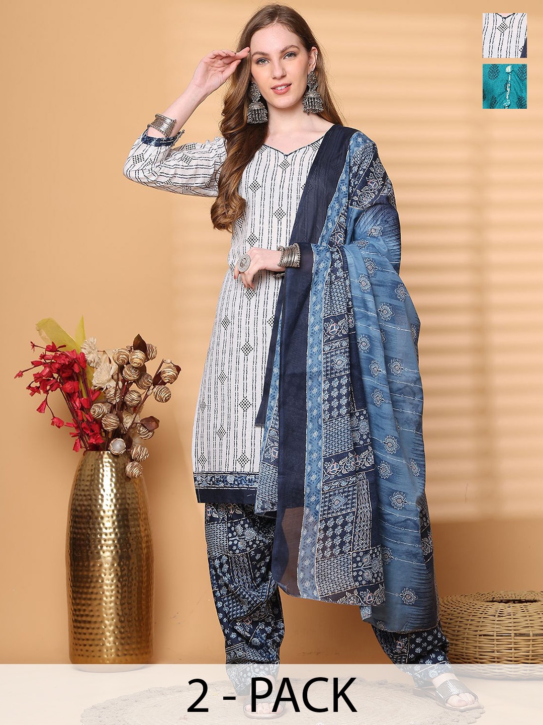 

Rajnandini Selection Of 2 Geometric Printed V-Neck Straight Kurtas With Salwars & Dupattas, Blue