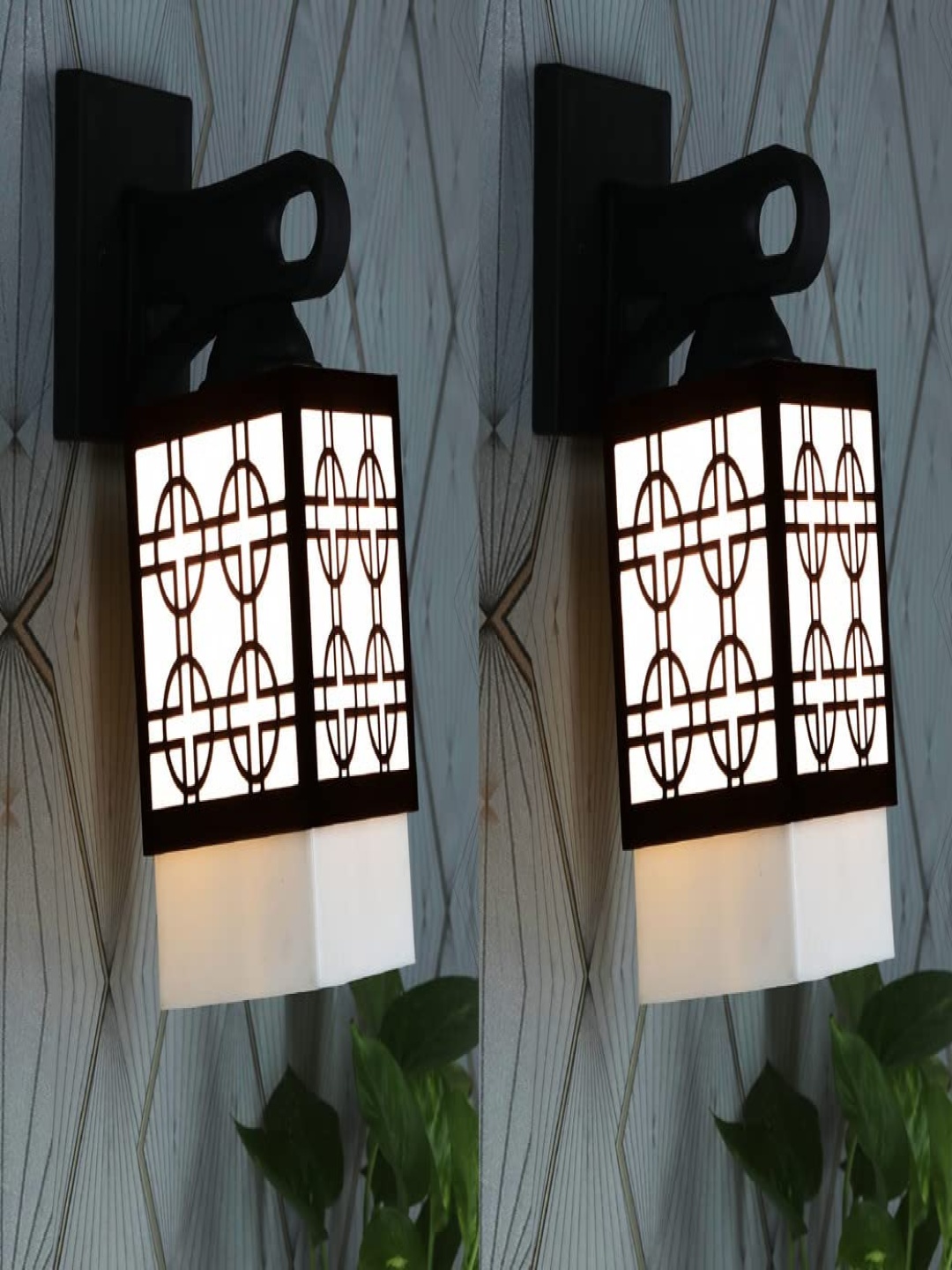 

Gojeeva Black & White 2 Pieces Textured Wooden Rectangle Shaped Wall Lamps