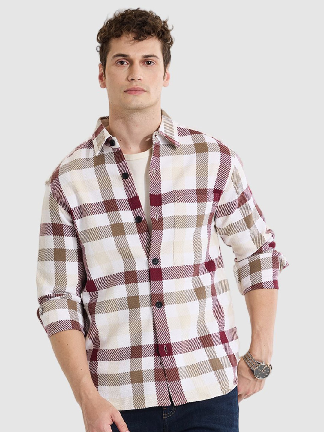 

Snitch Men Relaxed Opaque Checked Casual Shirt, Off white