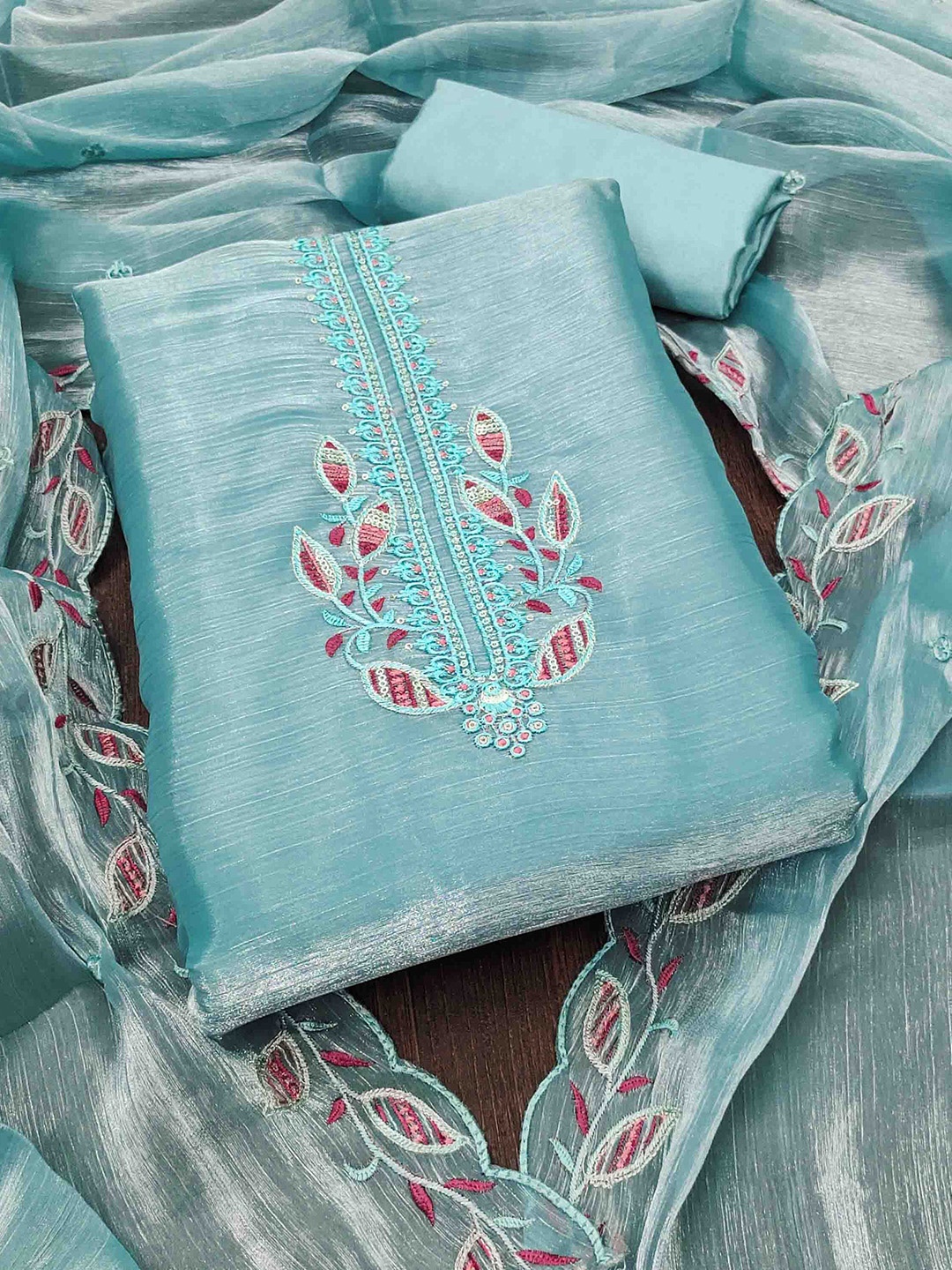 

KIMISHA Embroidered Silk Chiffon Unstitched Dress Material, Blue