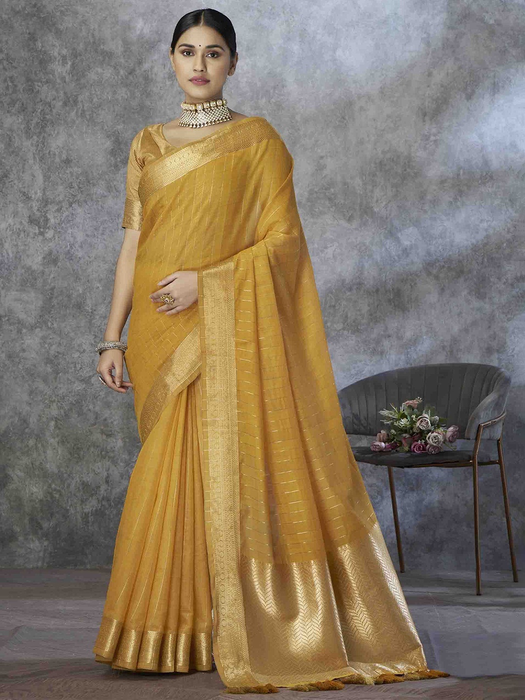 

Mitera Woven Design Zari Silk Blend Saree, Mustard