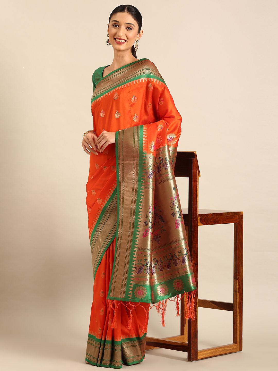 

DIVASTRI Woven Design Zari Silk Blend Paithani Saree, Orange