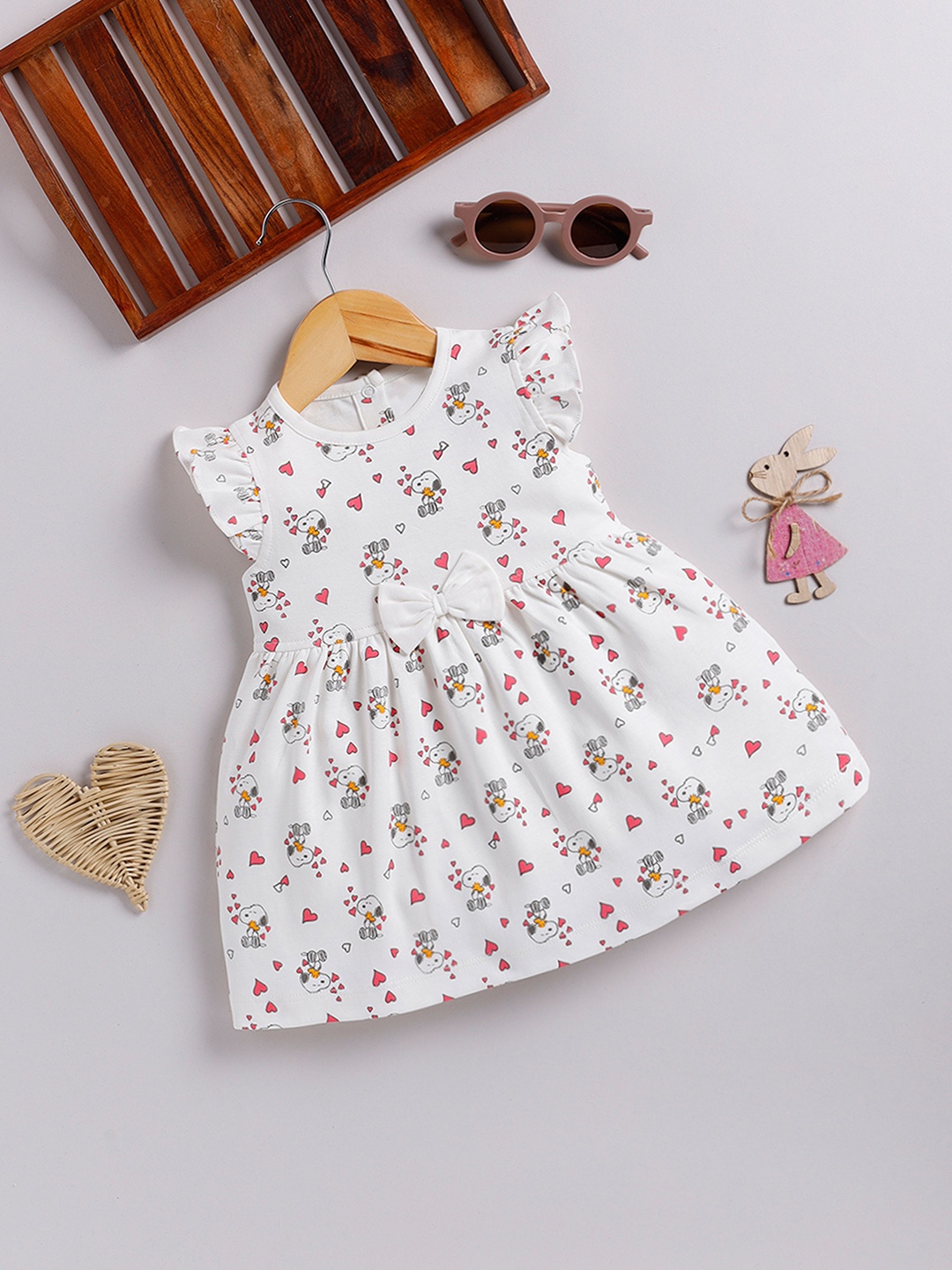 

YK X Tinyo Girls Printed Flutter Sleeve Fit & Flare Dress, Off white