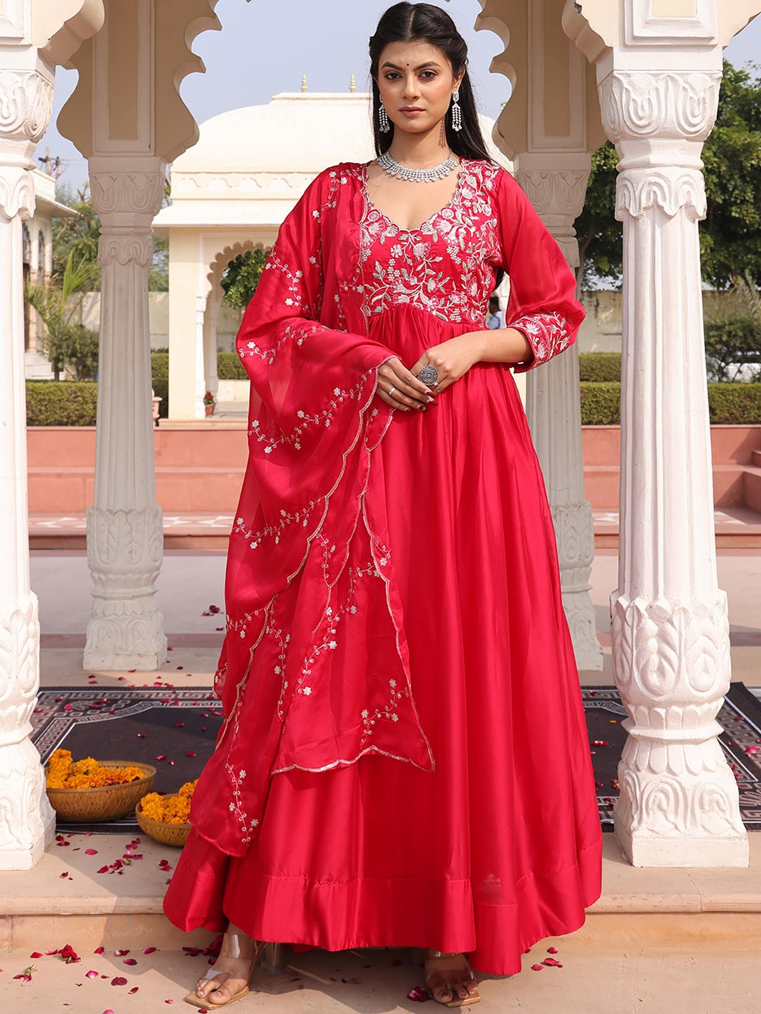 

KALINI Floral Embroidered Gotta Patti Art Silk Semi-Stitched Dress Material, Pink