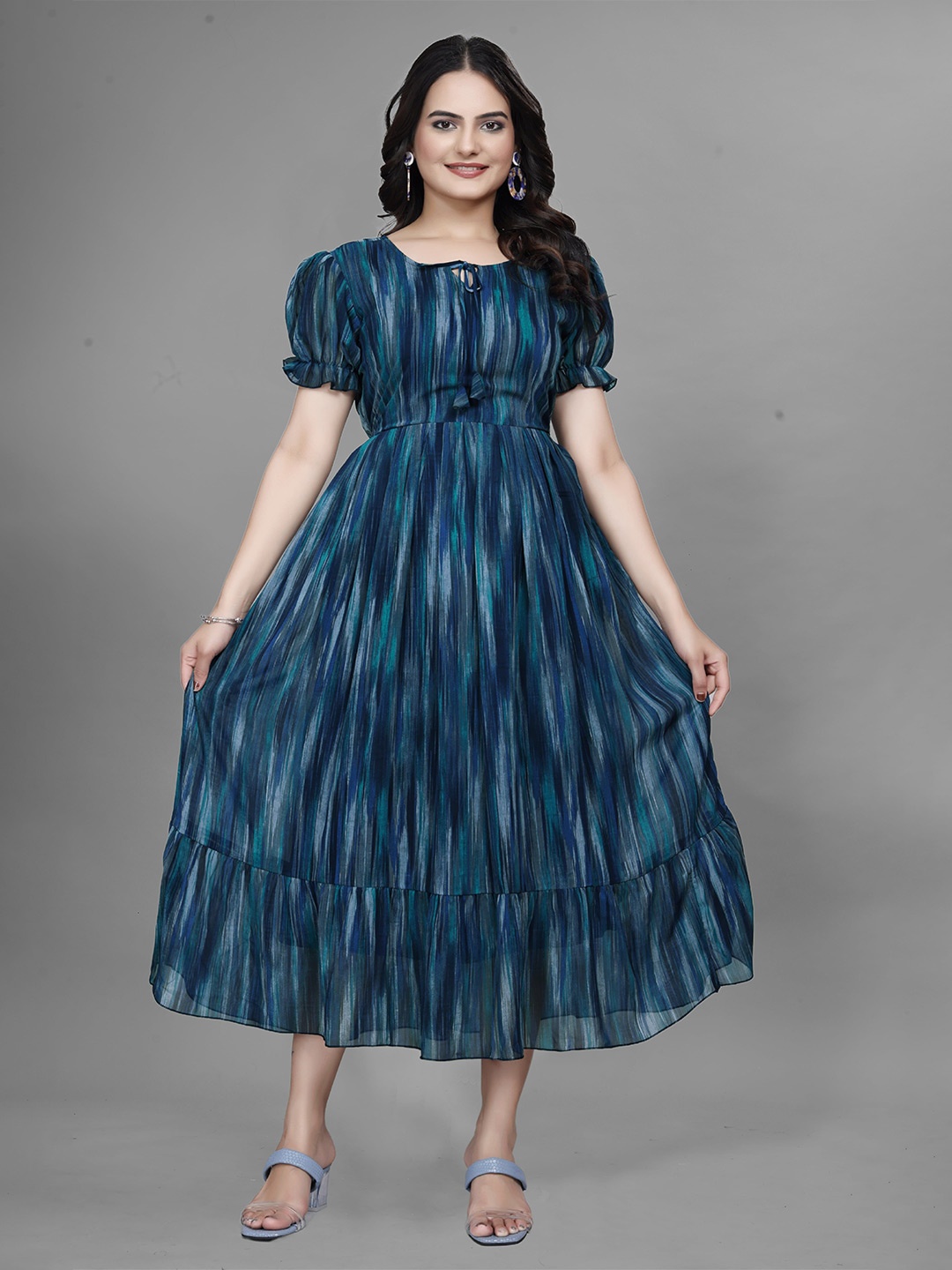 

QENA Print Puff Sleeve Georgette Empire Midi Dress, Blue