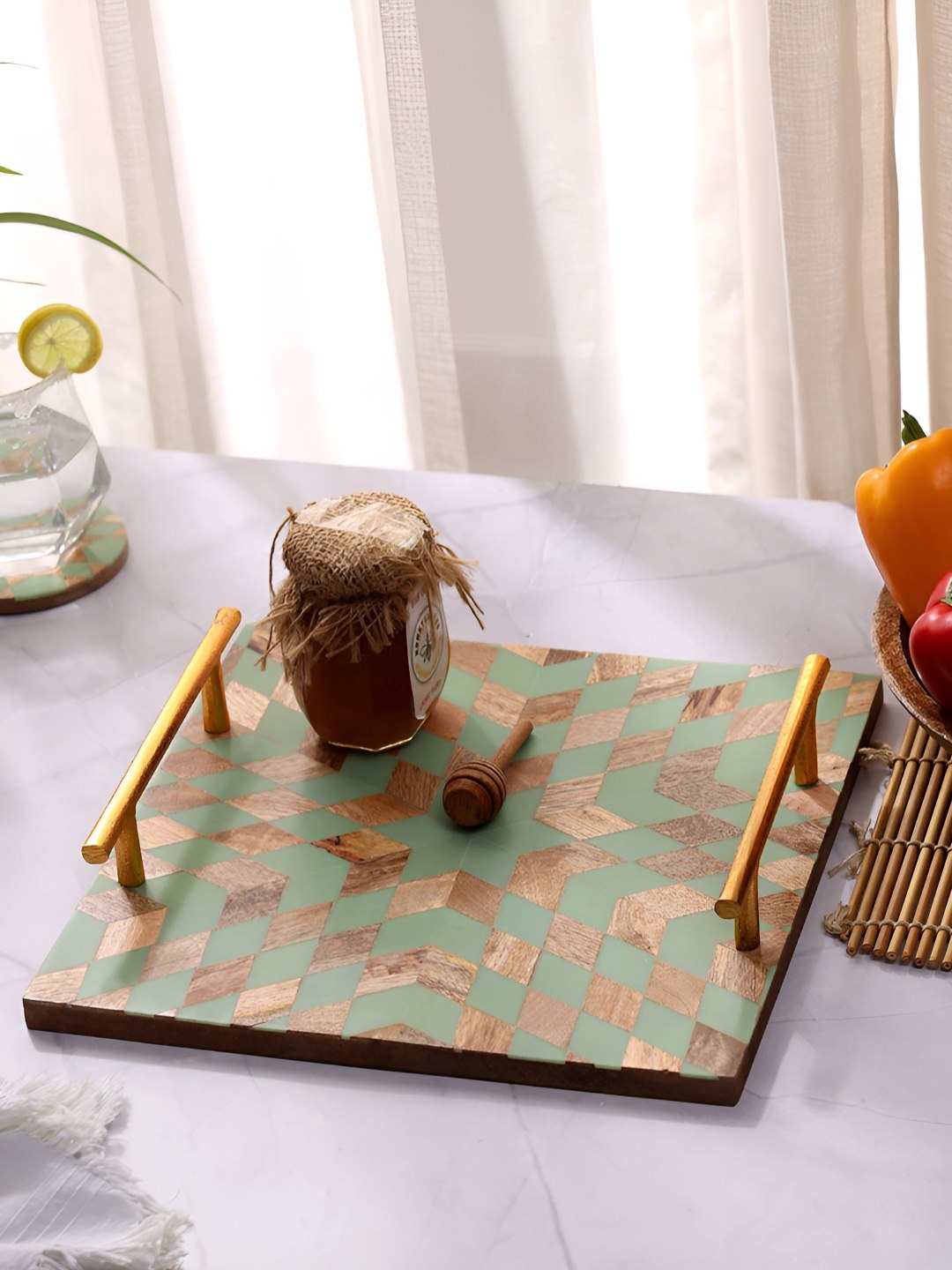 

DULI Blue & Gold Toned Printed Wooden Serving Tray