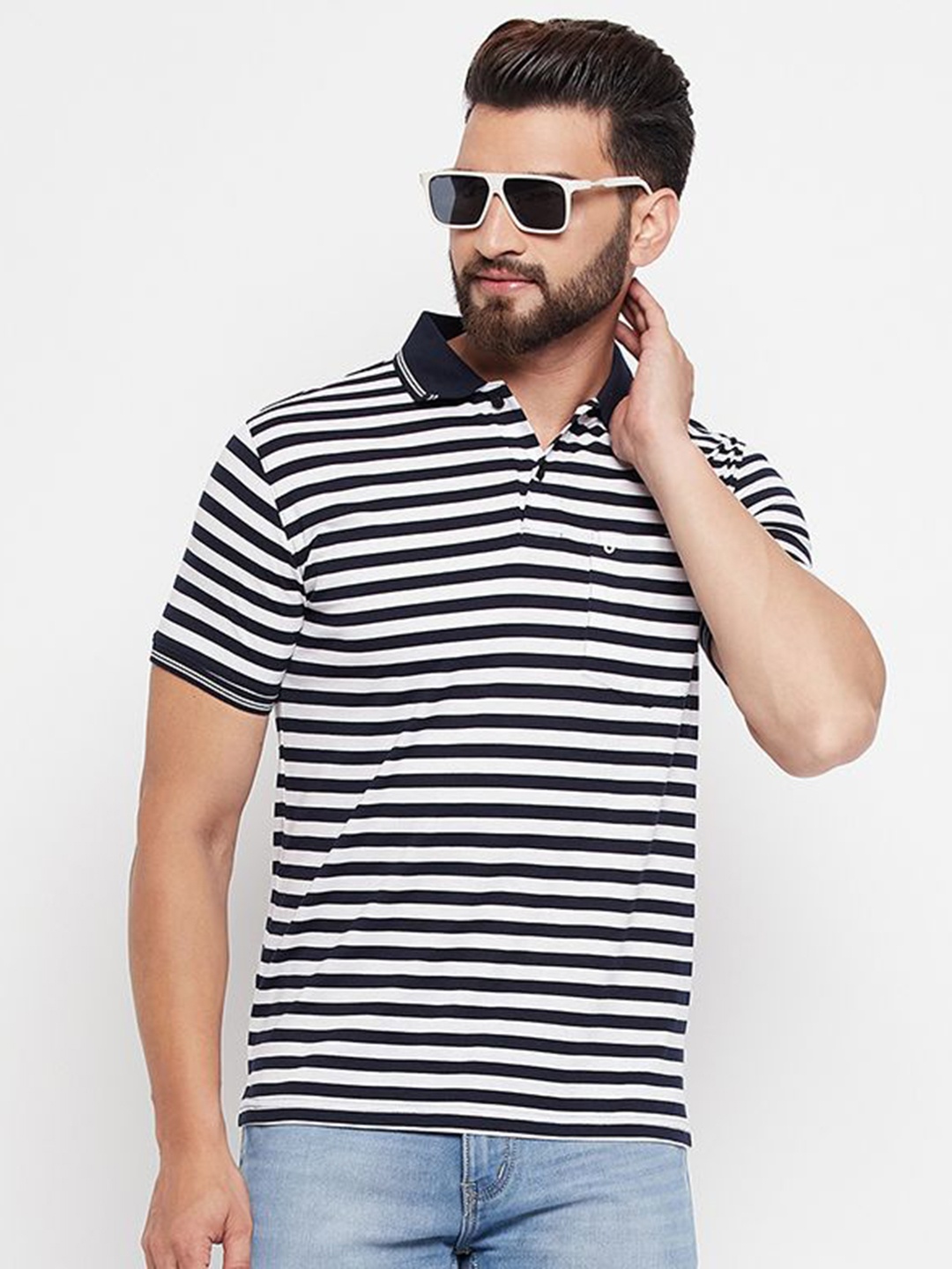 

UNIBERRY Men Striped Polo Collar Monochrome T-shirt, White