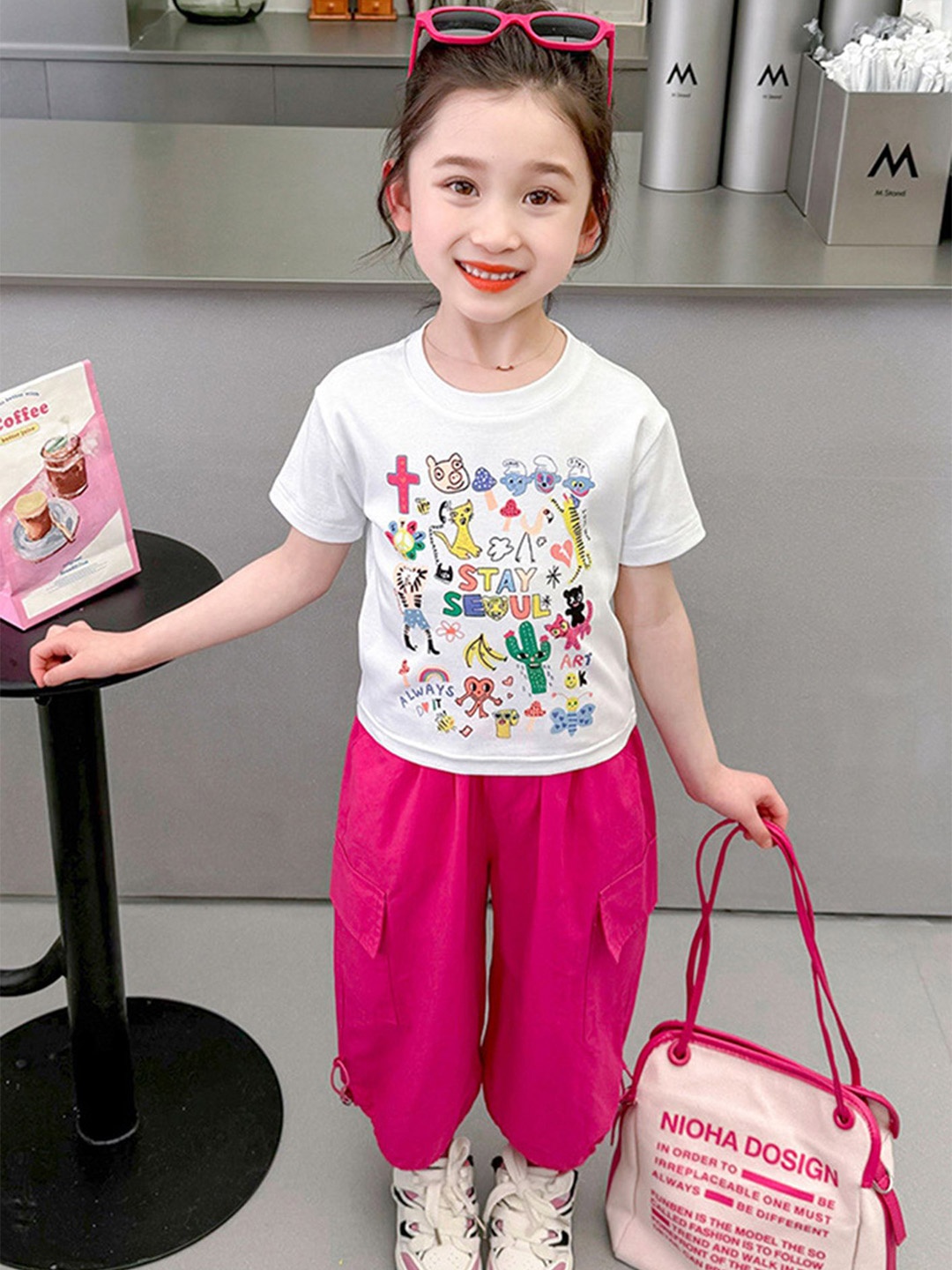 

LULU & SKY Girls Typography Printed Round Neck T-shirt with Trousers, Pink