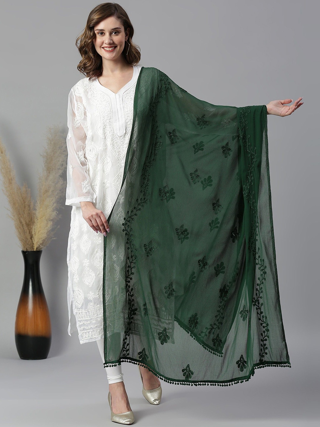 

LA FEMINAE Embroidered Chiffon Thread Work Dupatta, Green