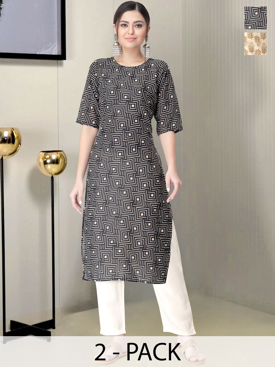 

Moda Rapido Selection of 2 Geometric Printed Straight Kurtas With Trousers, Black