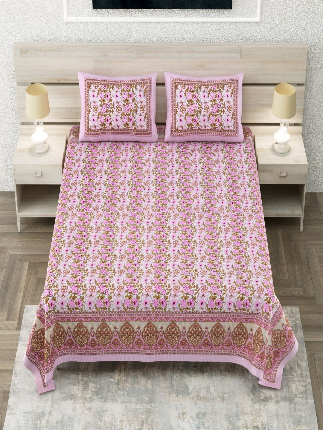 

Aapno Rajasthan Pink Floral Pure Cotton 144 TC King Bedsheet Set 2.74 m x 2.74 m