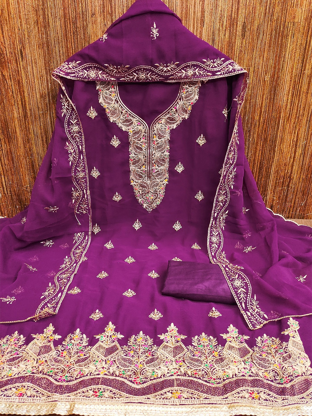 

Rangtulika Floral Embroidered Zari Unstitched Dress Material, Purple