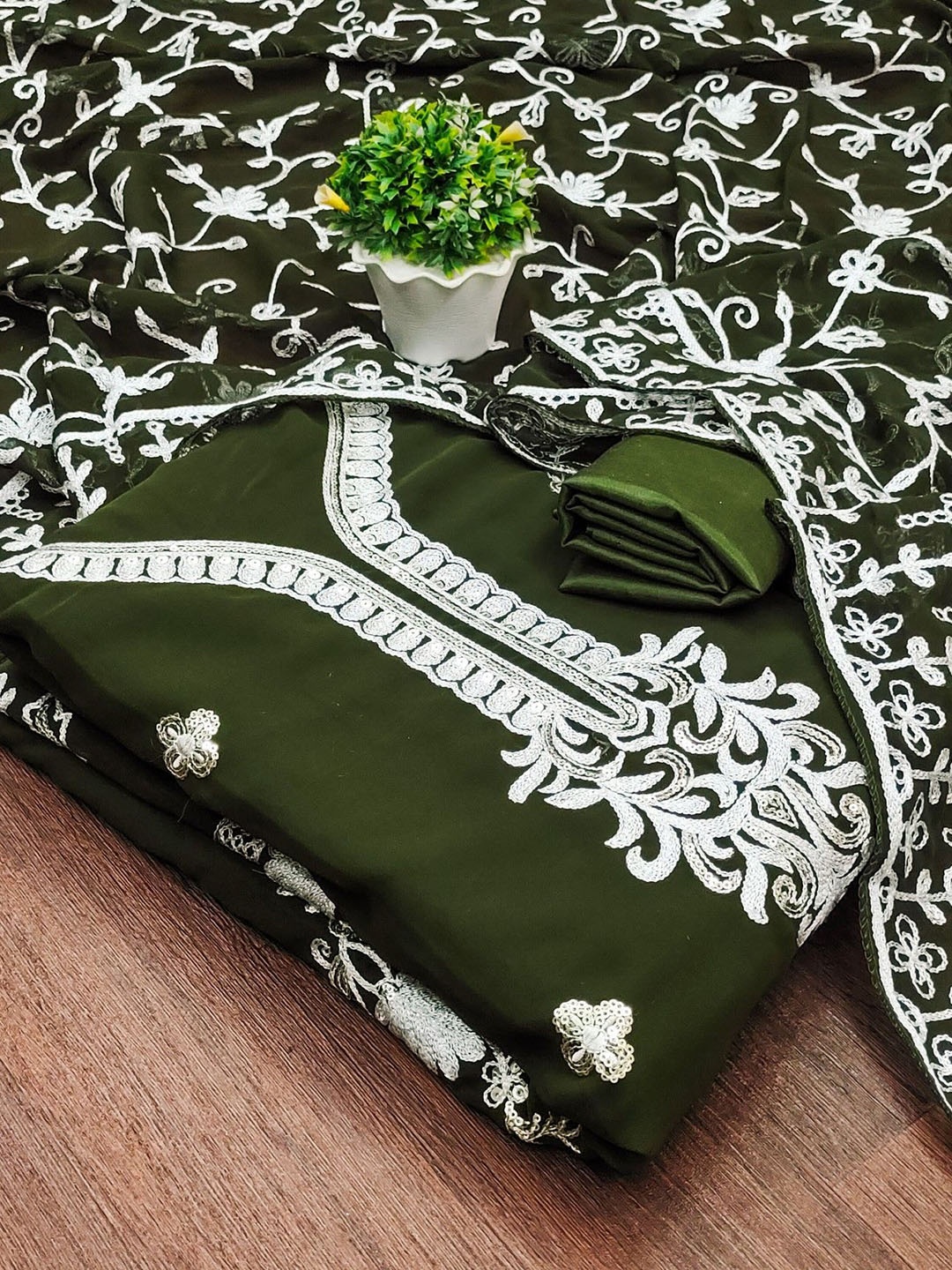 

Rangtulika Floral Embroidered Georgette Unstitched Dress Material, Olive