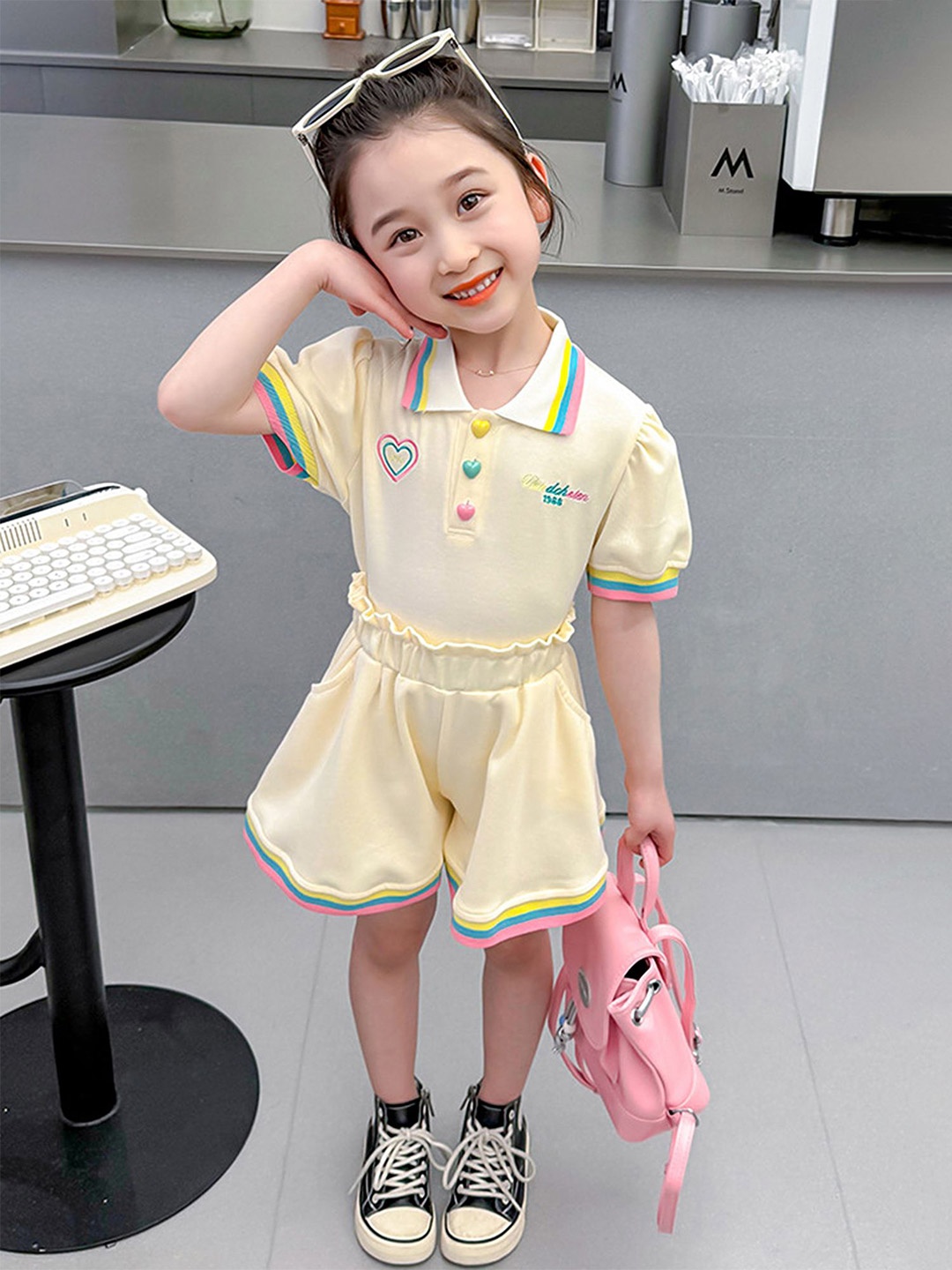 

LULU & SKY Girls Polo Collar Shirt with Shorts, Beige
