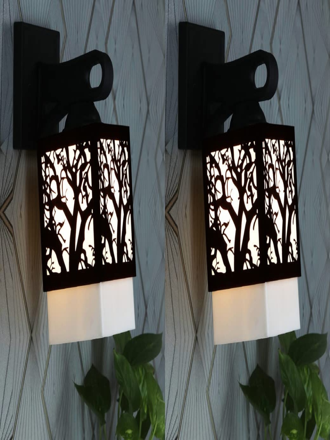 

Gojeeva Black and White 2 Pieces Textured Wooden Square Shaped Wall Lamps