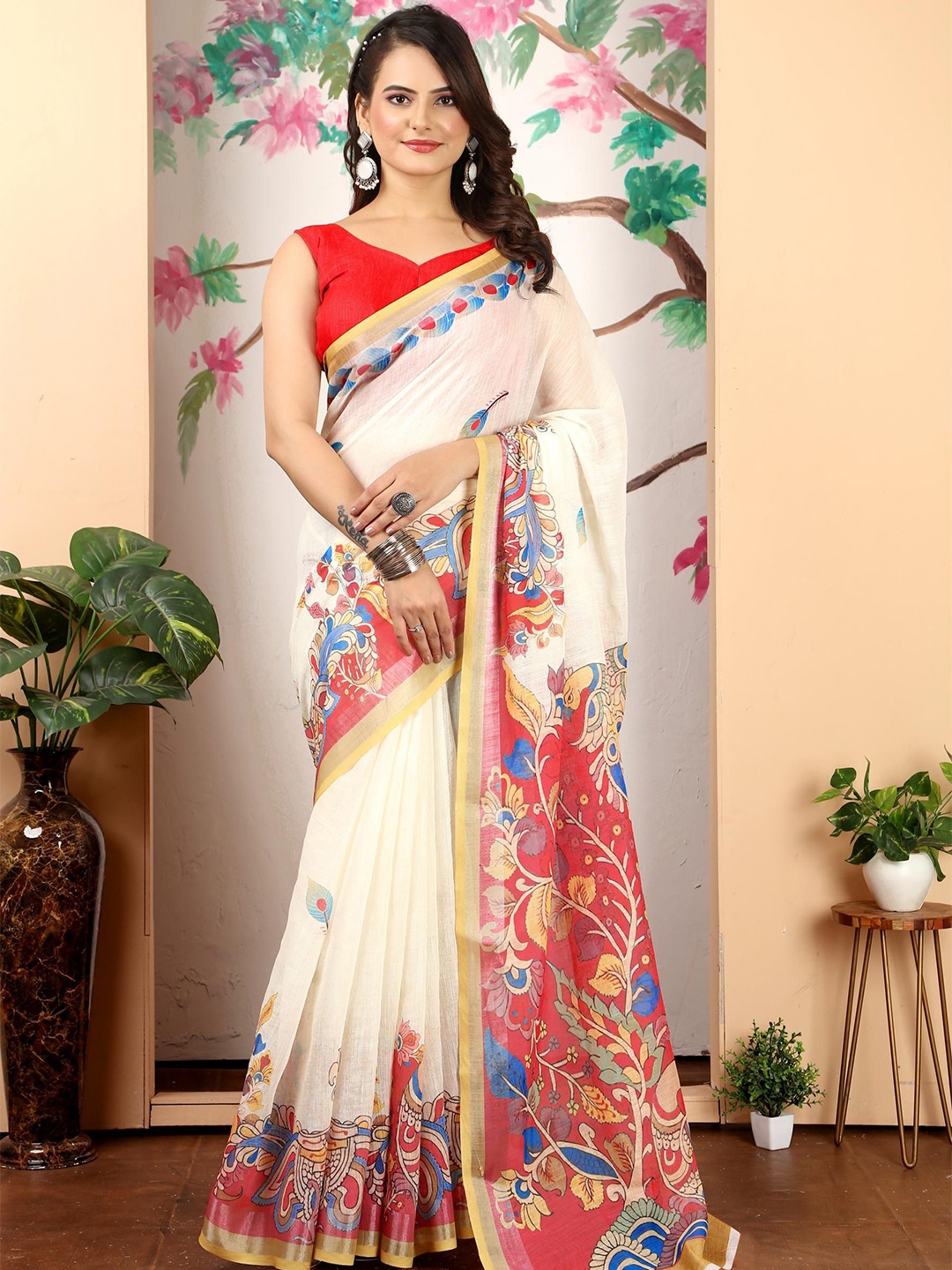 

Quelea Floral Linen Blend Khadi Saree, White