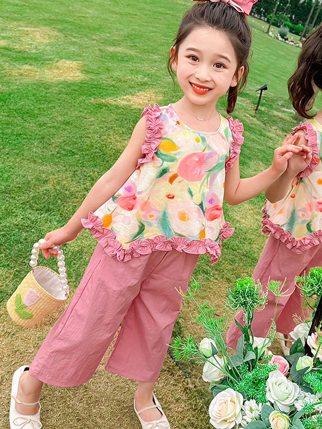 

LULU & SKY Girls Floral Printed Round Neck Top with Trousers, Pink