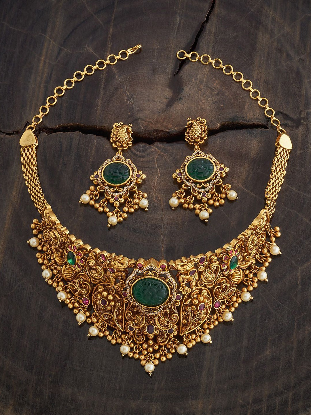 

Kushal's Fashion Jewellery Ruby-Green Gold-Plated Ethnic Antique Necklace Set