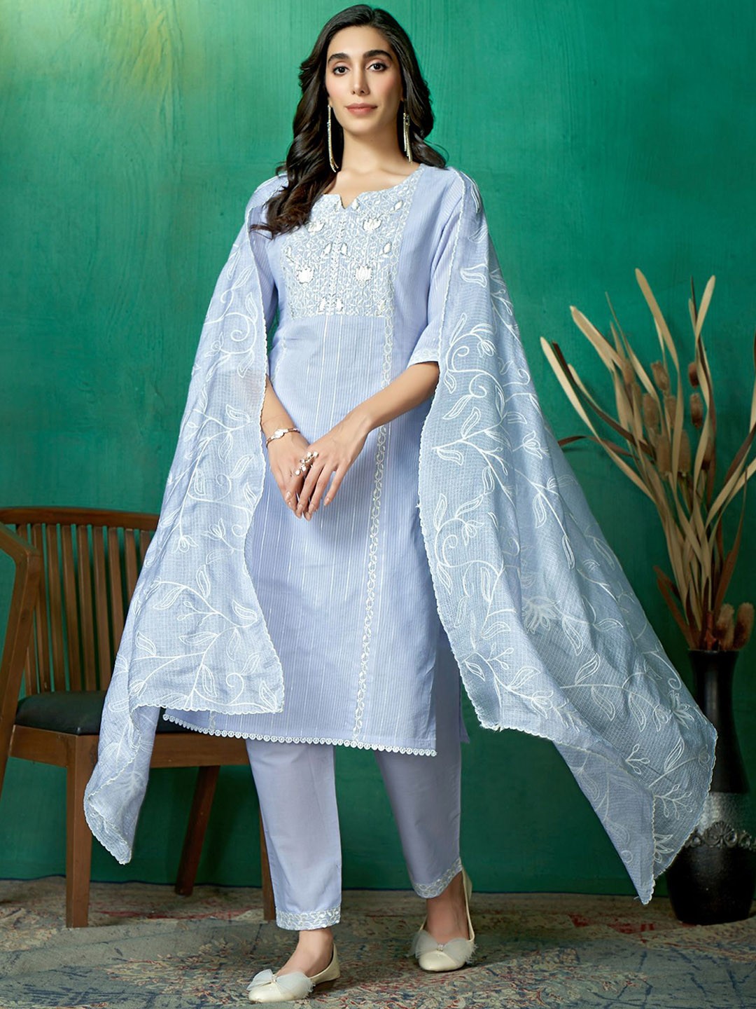 

Sangria Embroidered Pure Cotton Sweetheart Neck Kurta Trouser & Dupatta Set, Blue