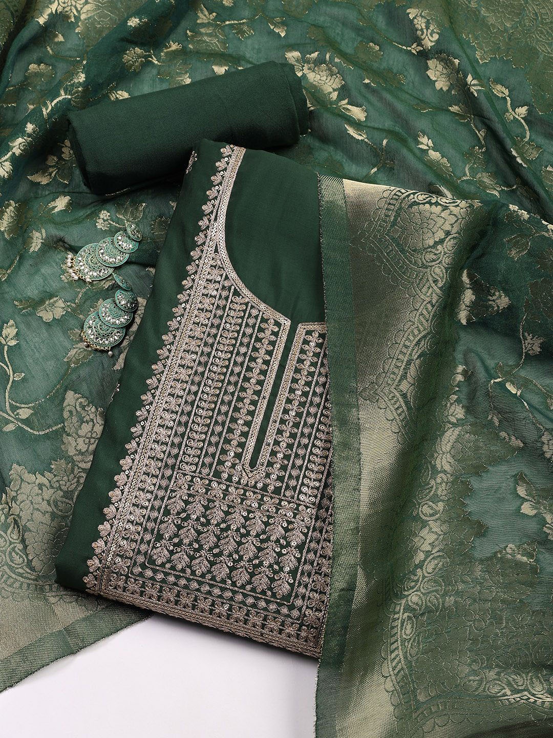 

Meena Bazaar Floral Embroidered Sequinned Work Unstitched Dress Material, Green