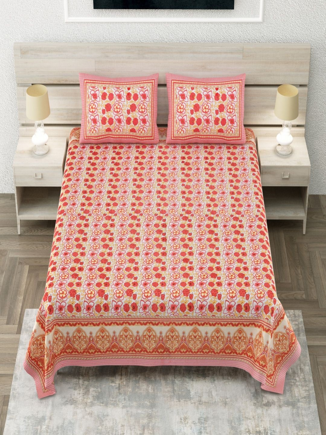 

Aapno Rajasthan Red Ethnic Motifs Pure Cotton 144 TC King Bedsheet with 2 Pillow Covers