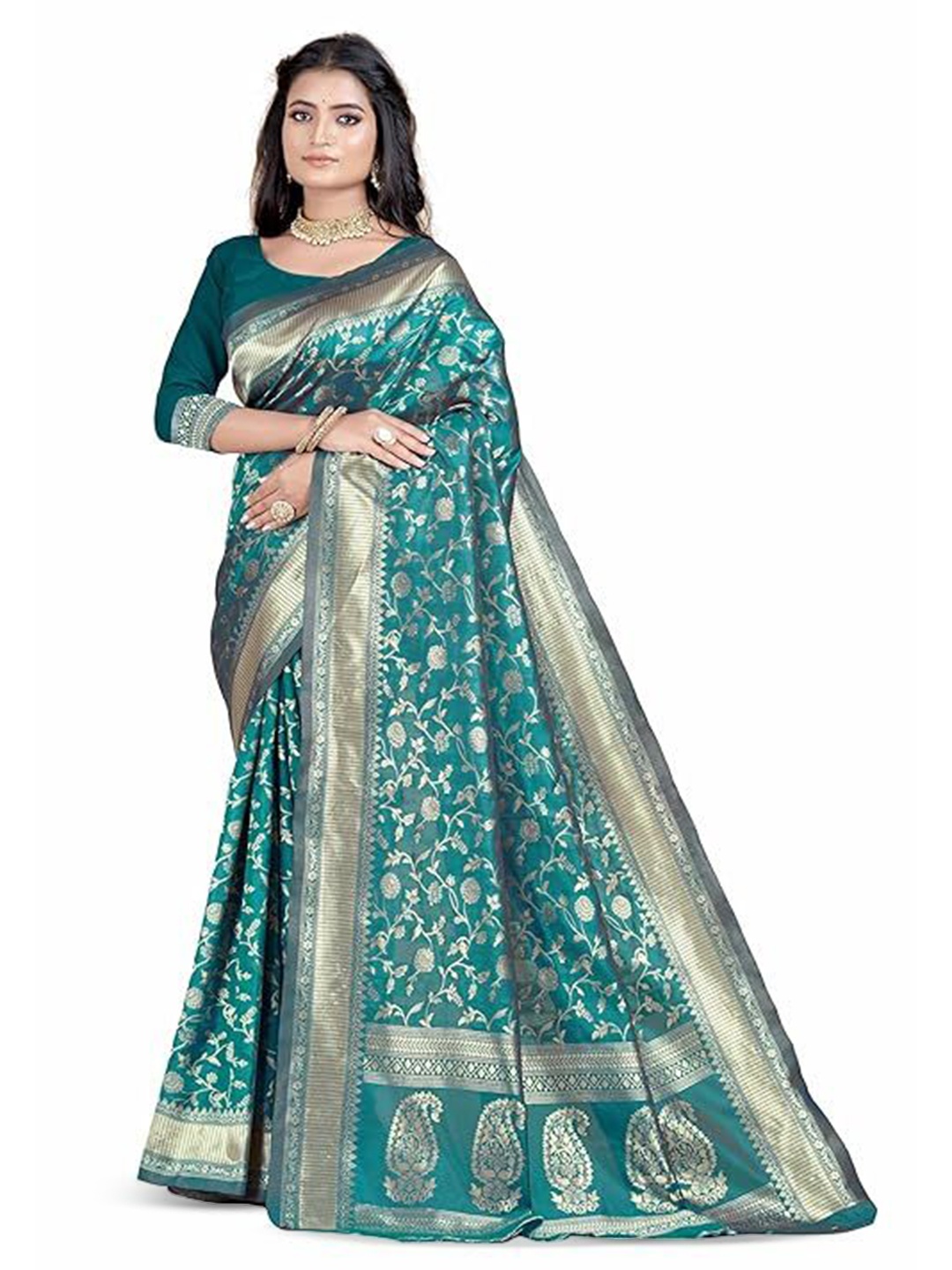 

Florence Woven Design Zari Pure Silk Kanjeevaram Saree, Teal