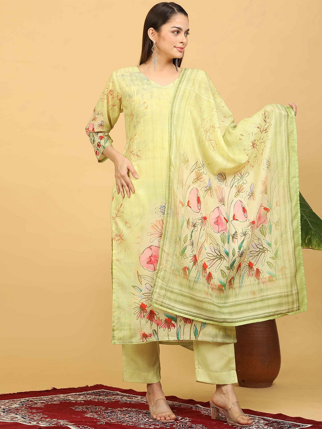 

GOLDSTROMS Women Floral Embroidered Regular Thread Work Linen Kurta with Trousers & With Dupatta, Lime green