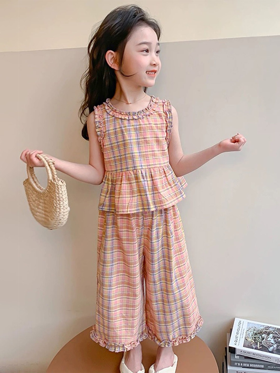 

LULU & SKY Girls Checked Round Neck Top with Trousers, Orange