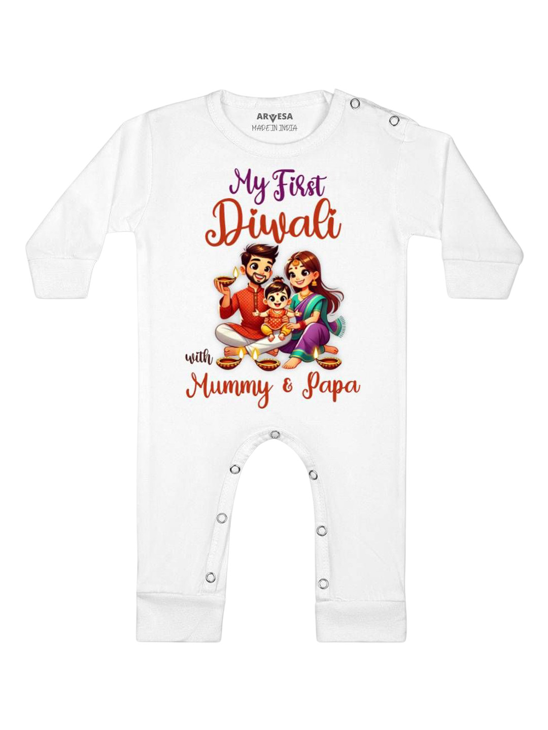 

Arvesa First Diwali Printed Baby Romper, White