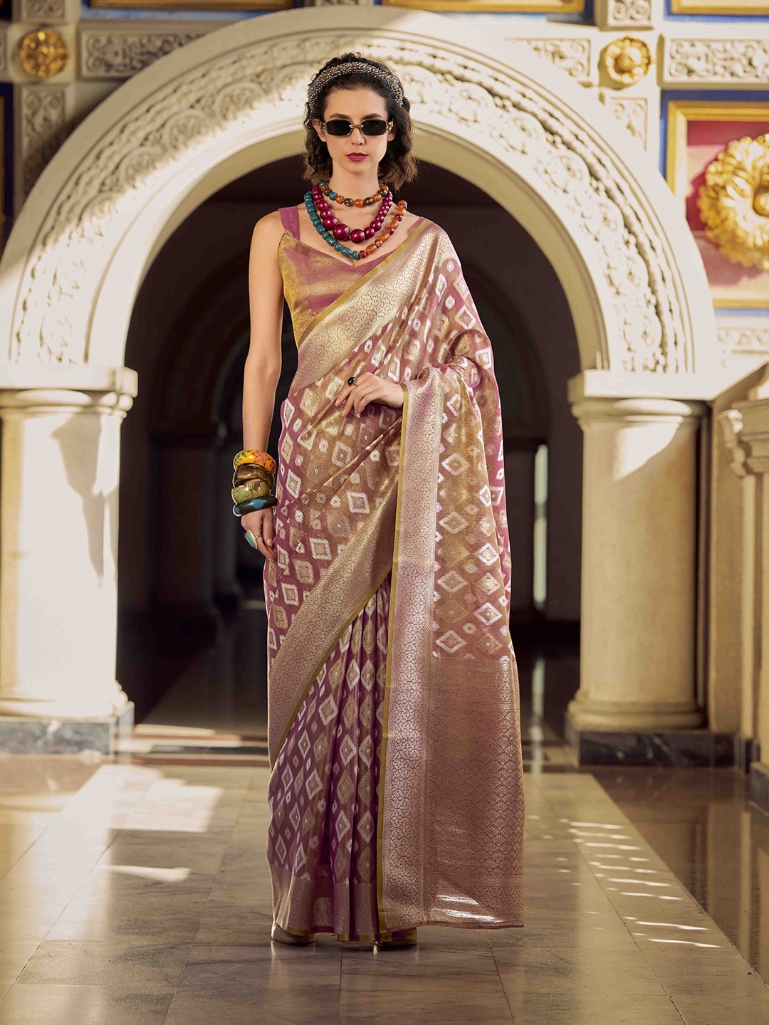 

Mitera Woven Design Zari Tissue Ikat Saree, Mauve