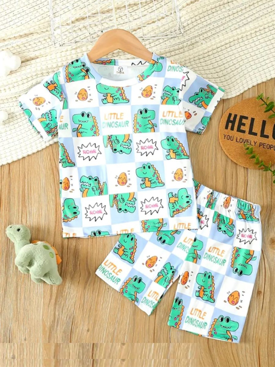 

Thiya Boys Printed Round Neck T-shirt with Shorts, Turquoise blue