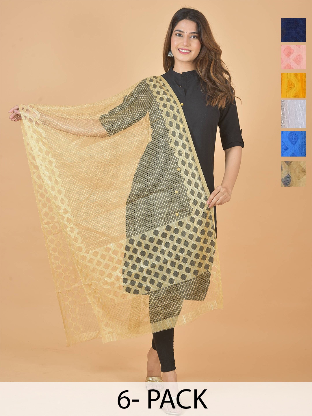 

LA FEMINAE Selection Of 6 Geometric Woven Design Dupattas, Black
