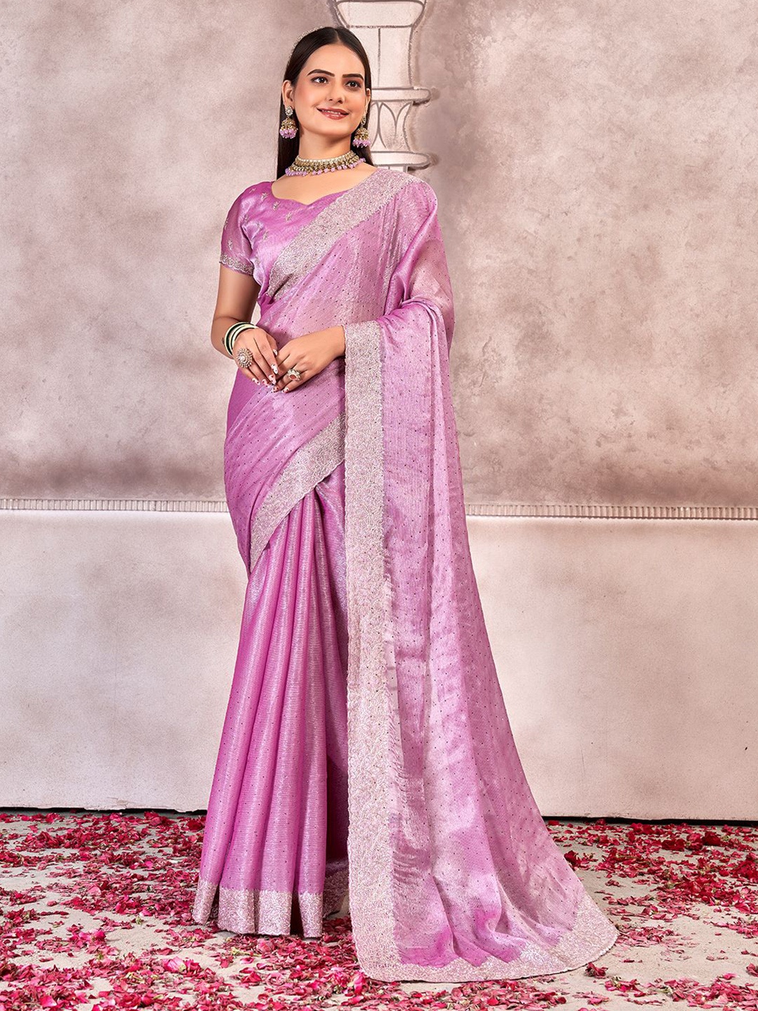 

LeeliPeeri Designer Embellished Beads and Stones Poly Chiffon Saree, Lavender