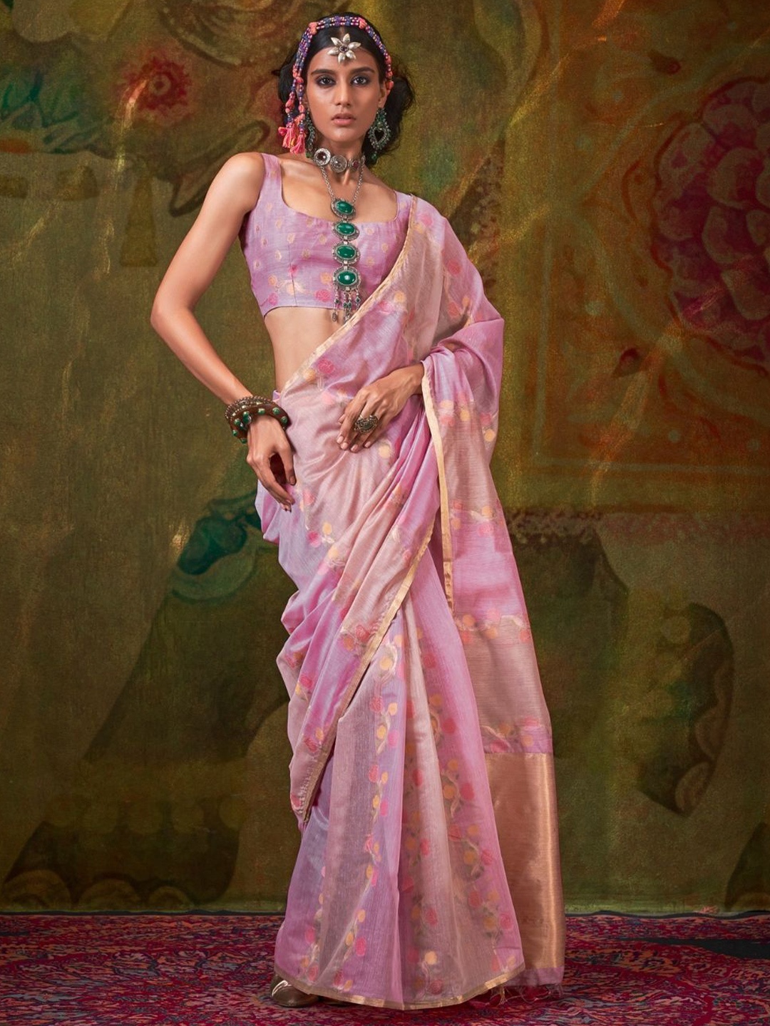 

PEENGAX Woven Design Zari Chanderi Saree, Pink