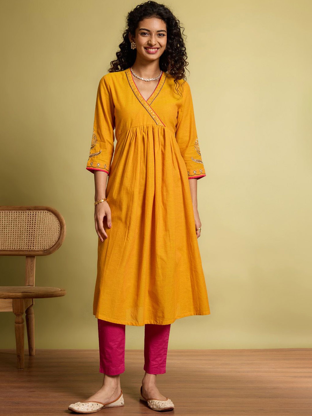 

Taneira Pure Cotton Embellished V-Neck A-Line Kurta, Yellow