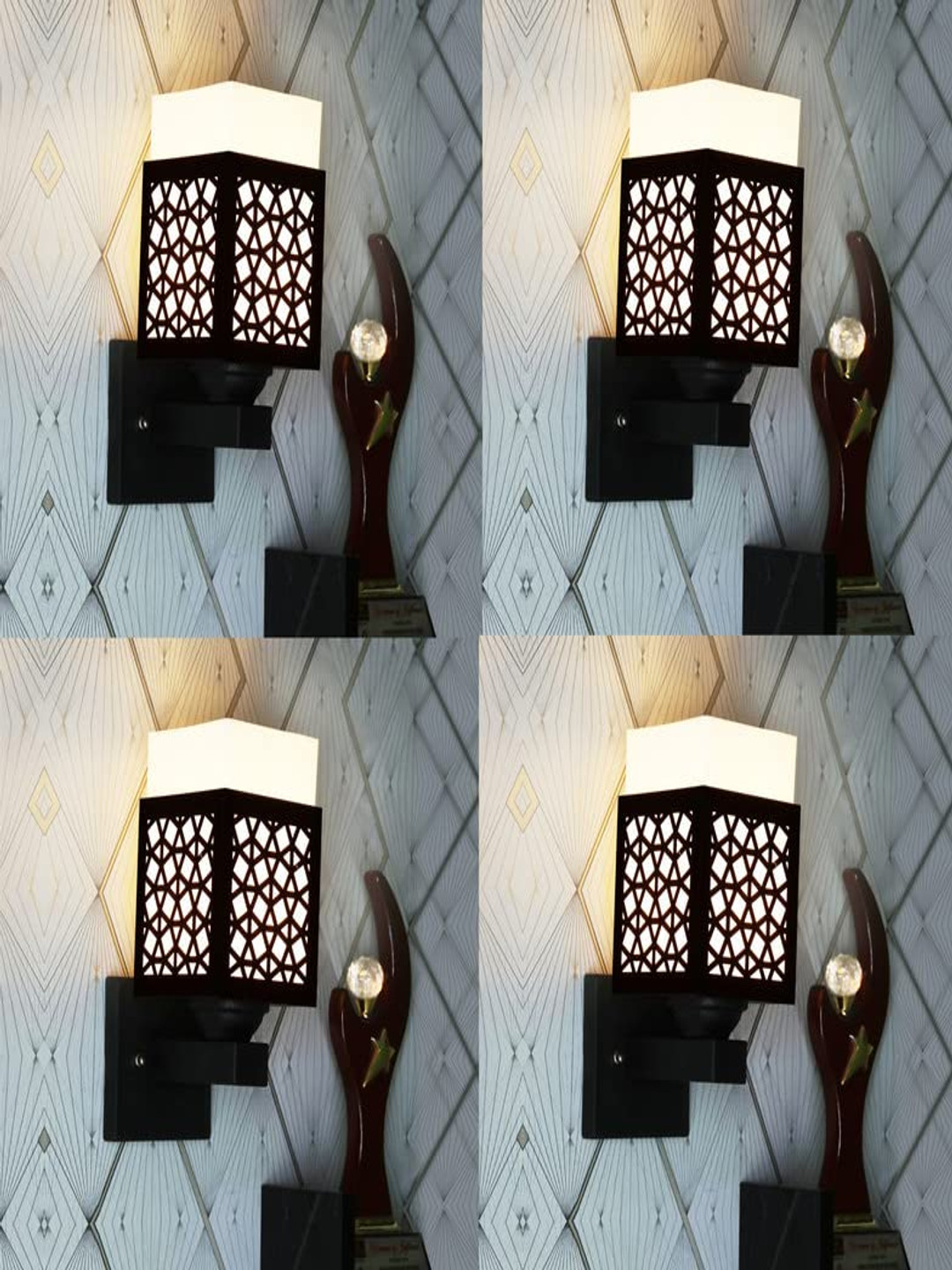 

Gojeeva Black & White 4 Pieces Textured Wooden Square Shaped Wall Lamps