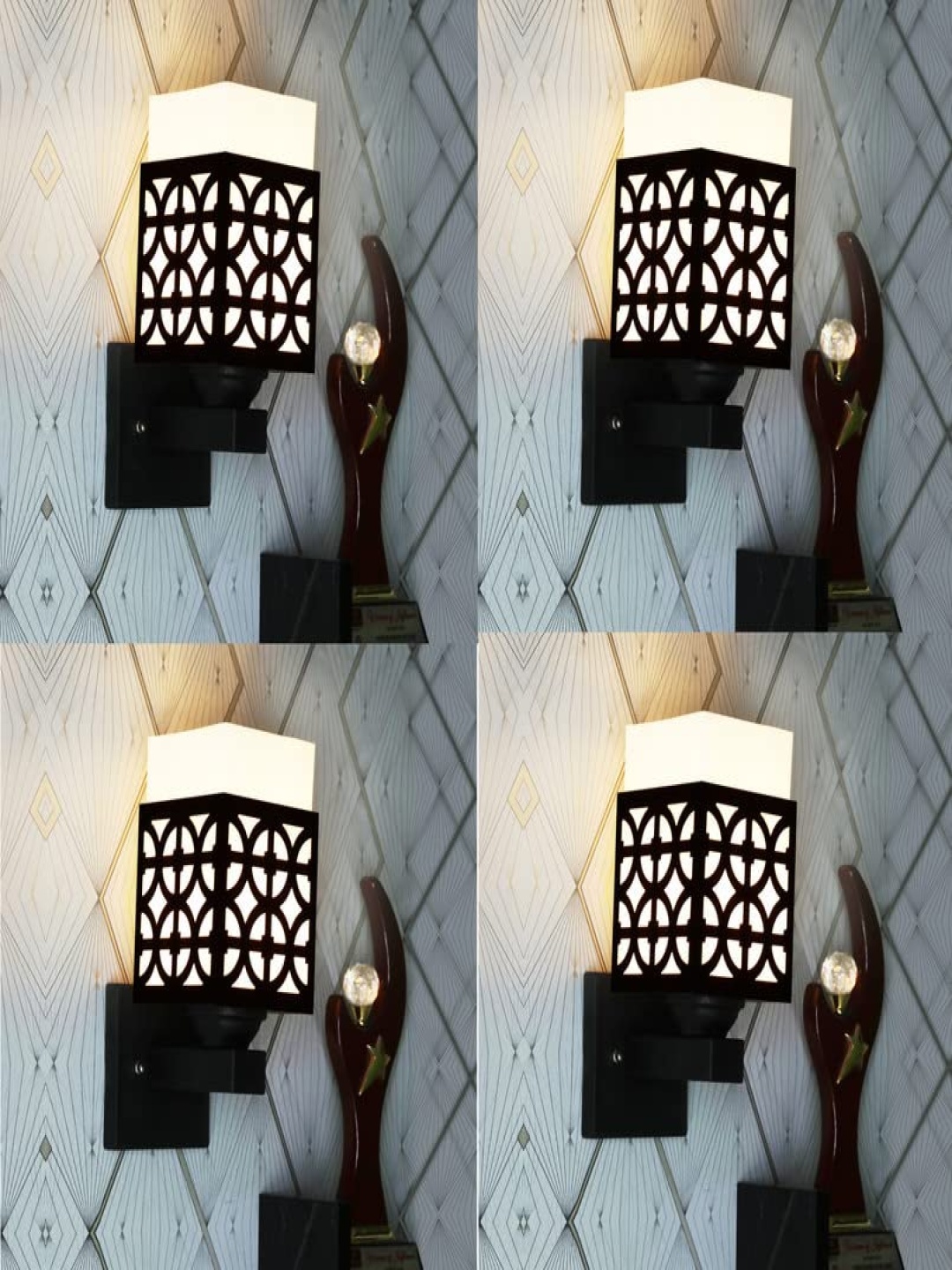 

Gojeeva Black & White 4 Pieces Textured Wooden Rectangle Shaped Wall Lamps