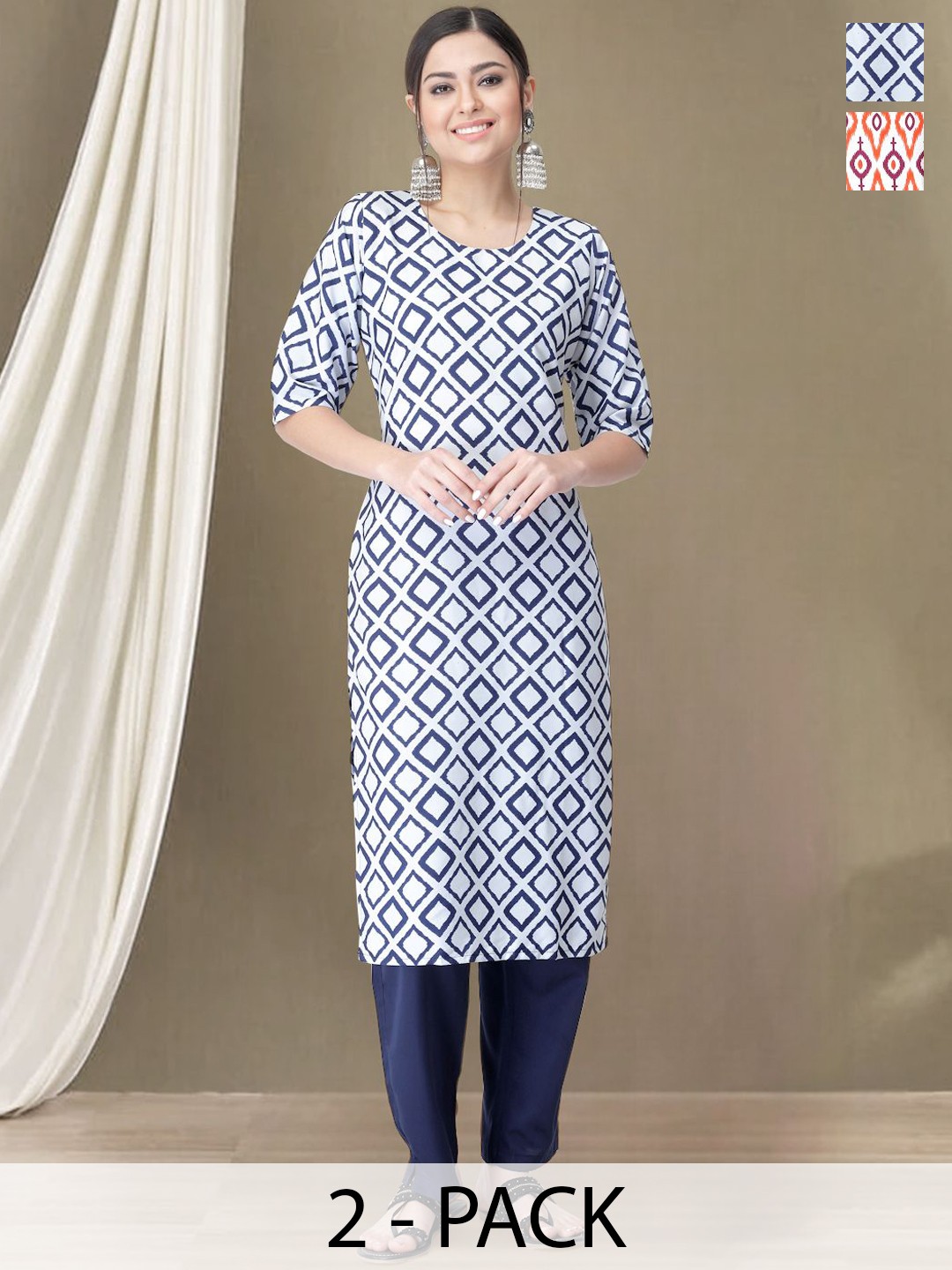 

Moda Rapido Selection Of 2 Geometric Printed Straight Kurta With Trousers, Blue
