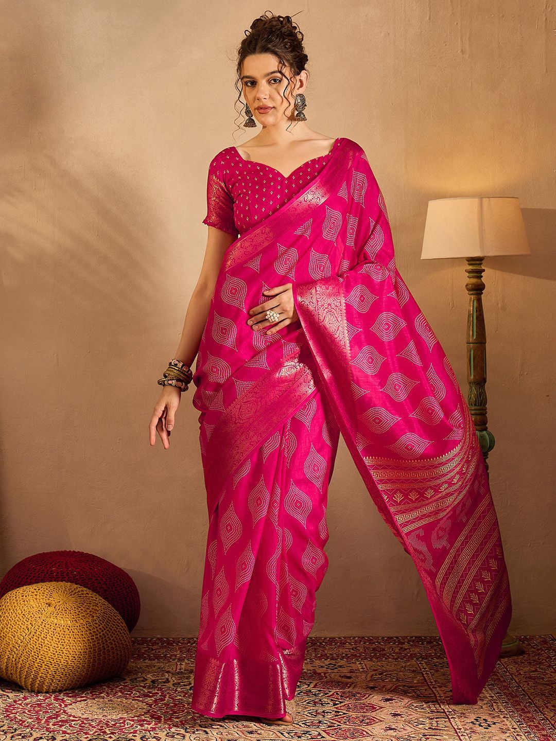 

Anouk Rustic Ethnic Motifs Zari Silk Blend Sungudi Saree, Pink