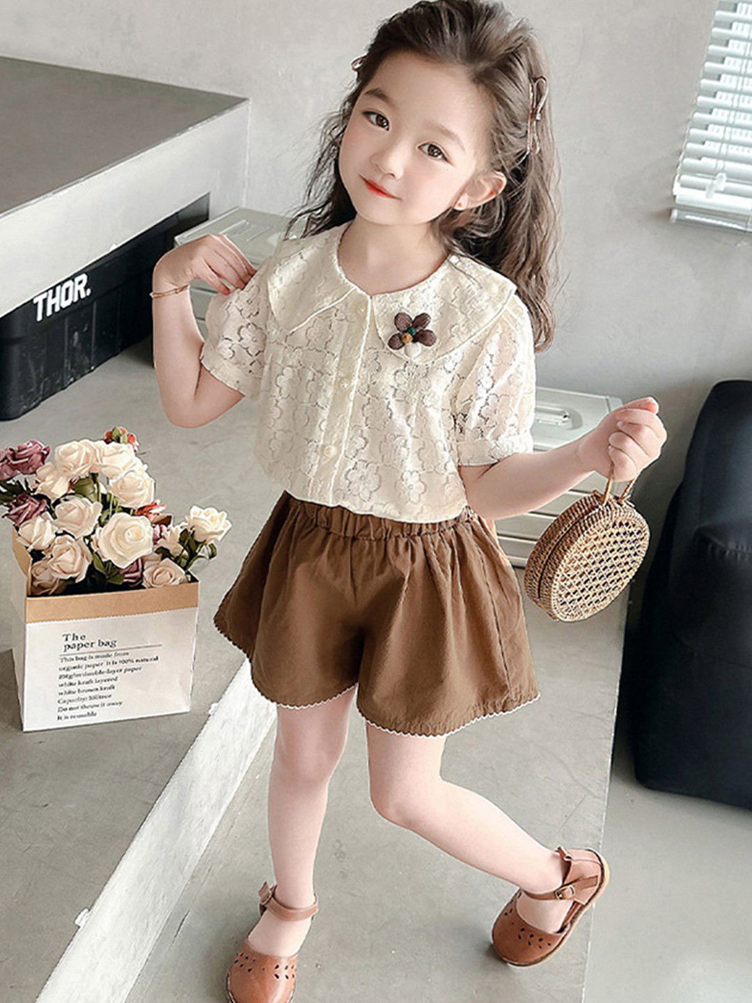 

LULU & SKY Girls Peter Pan Collar Textured Top with Shorts, Brown