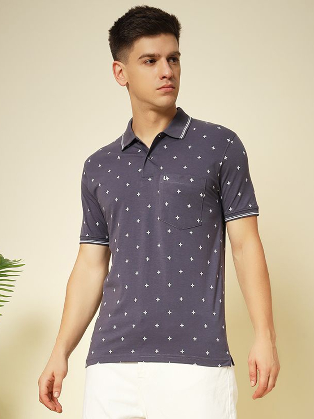 

UNIBERRY Men Printed Polo Collar Tropical T-shirt, Purple
