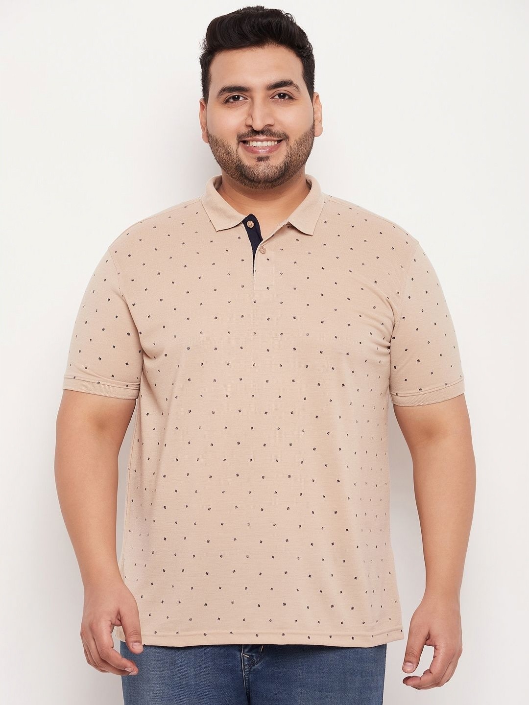 

XFOX Men Polka Dot Printed Polo Collar T-shirt, Beige