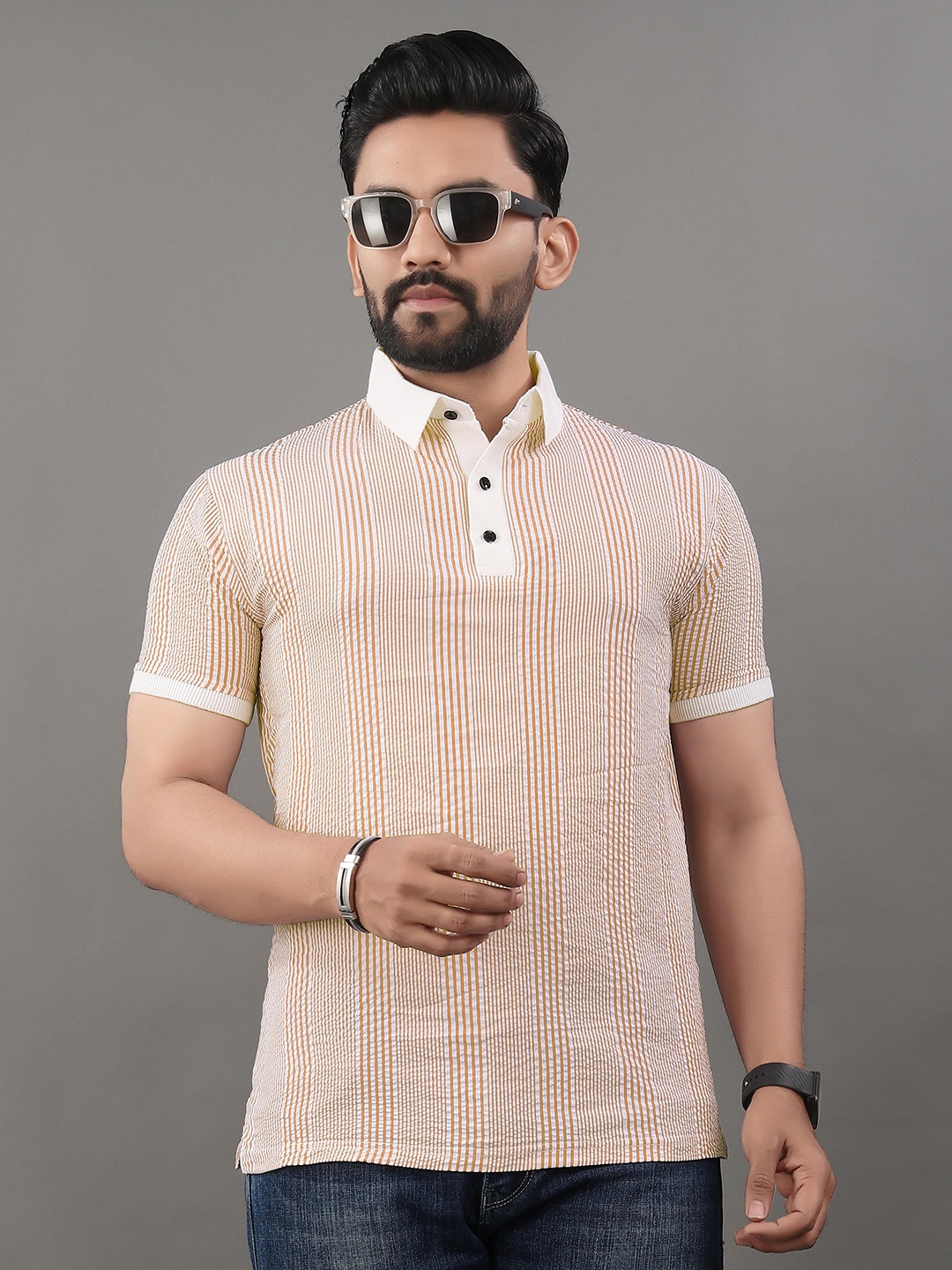 

TERAXO Men Striped Polo Collar T-shirt, Orange