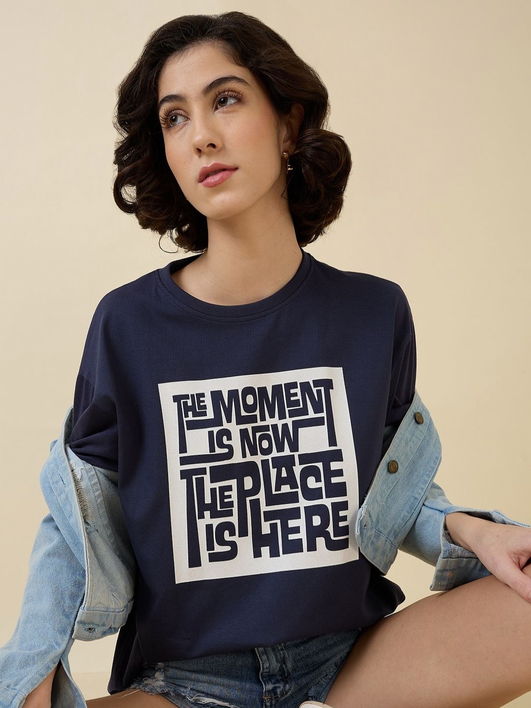 

Mast & Harbour Women Printed Pockets T-shirt, Navy blue