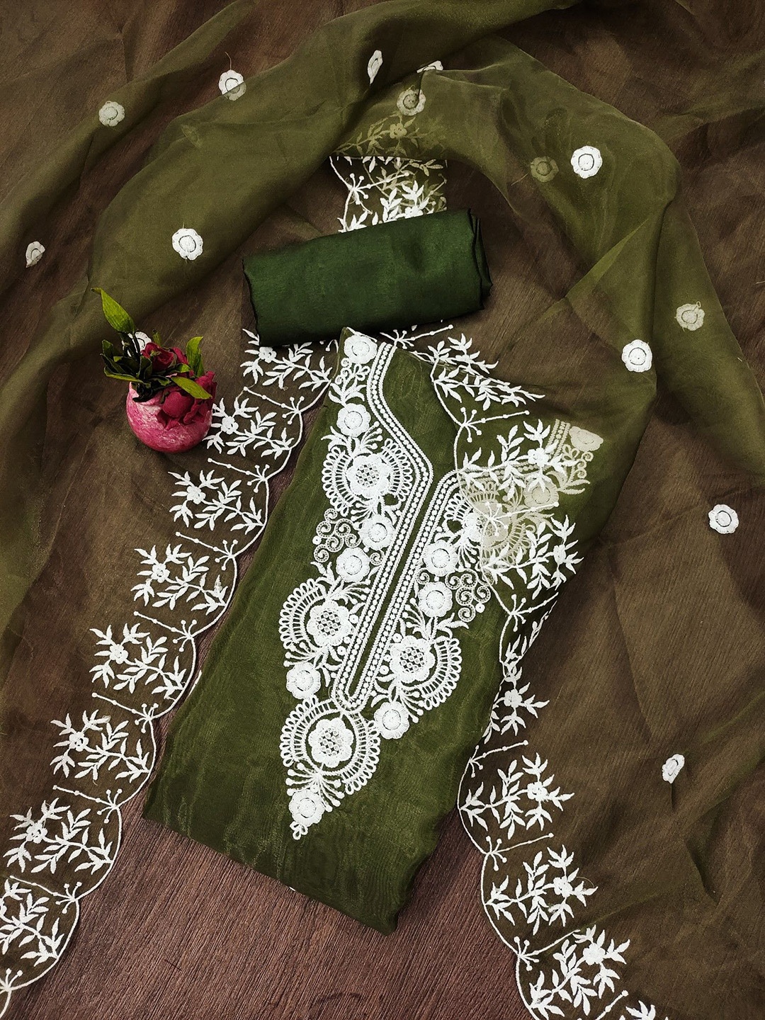 

Rangtulika Ethnics Motifs Embroidered Thread Work Unstitched Dress Material, Olive