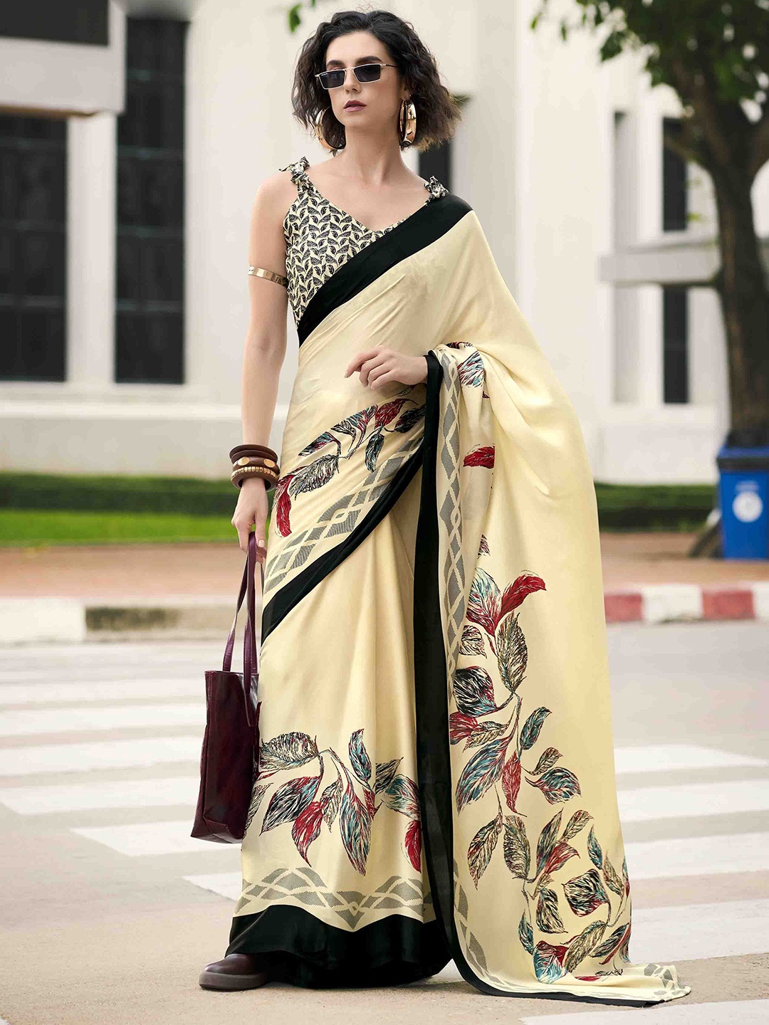 

Mitera Floral Satin Saree, Cream