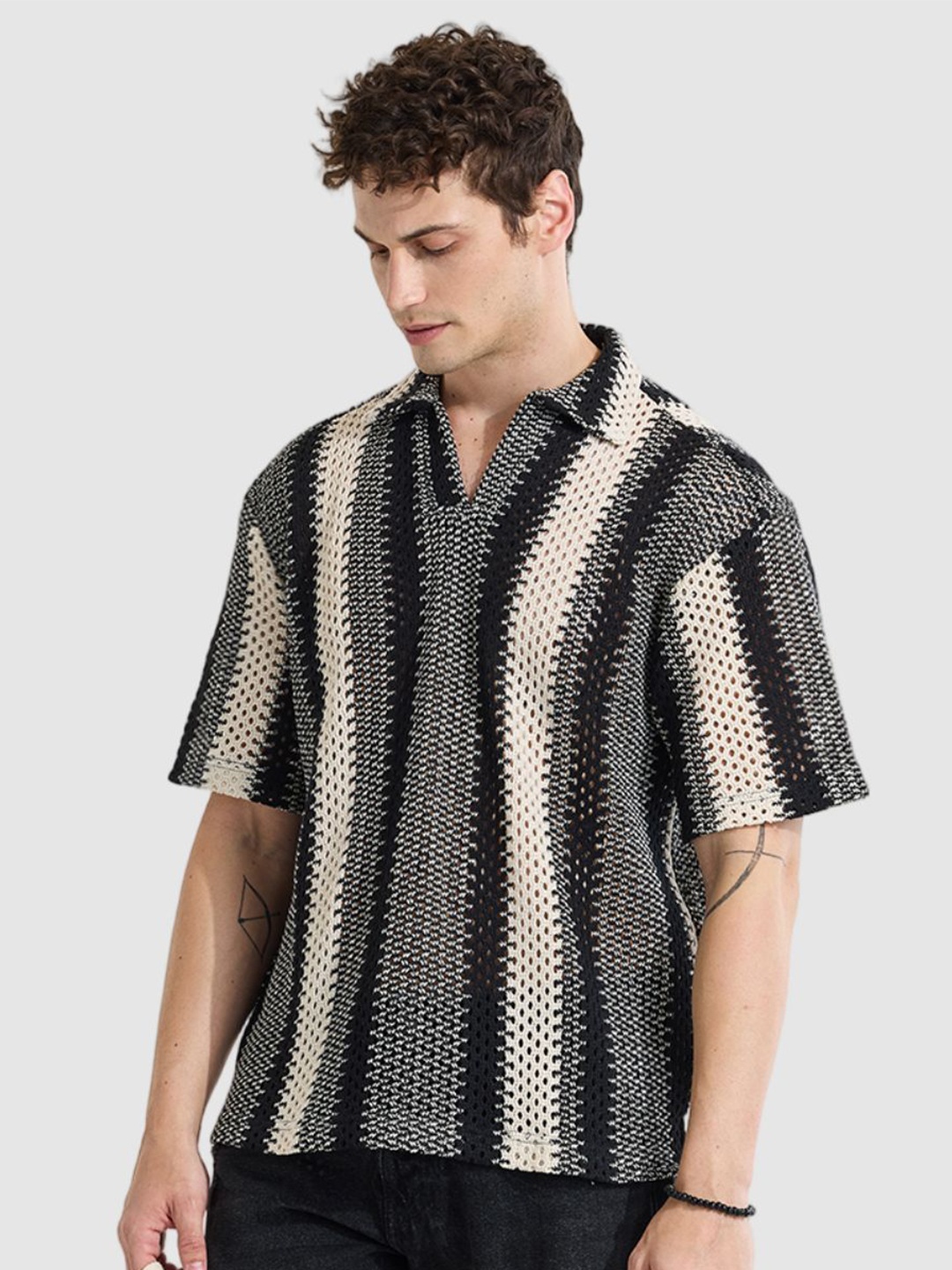 

Snitch Men Printed Polo Collar Boxy T-shirt, Grey
