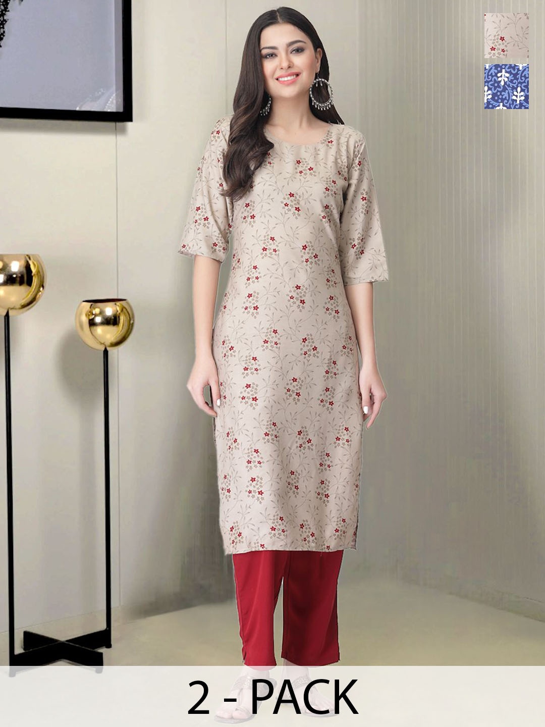 

Moda Rapido Selection Of 2 Floral Printed Straight Kurta With Trousers, Beige