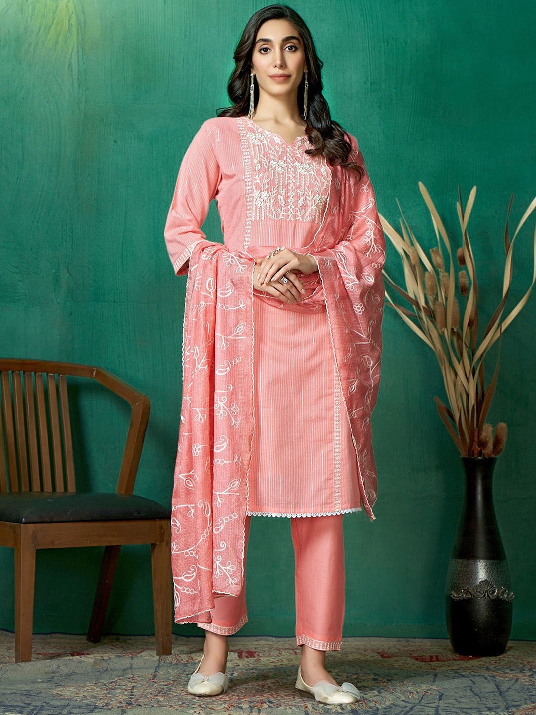 

Sangria Embroidered Pure Cotton Sweetheart Neck Kurta Trouser & Dupatta Set, Peach