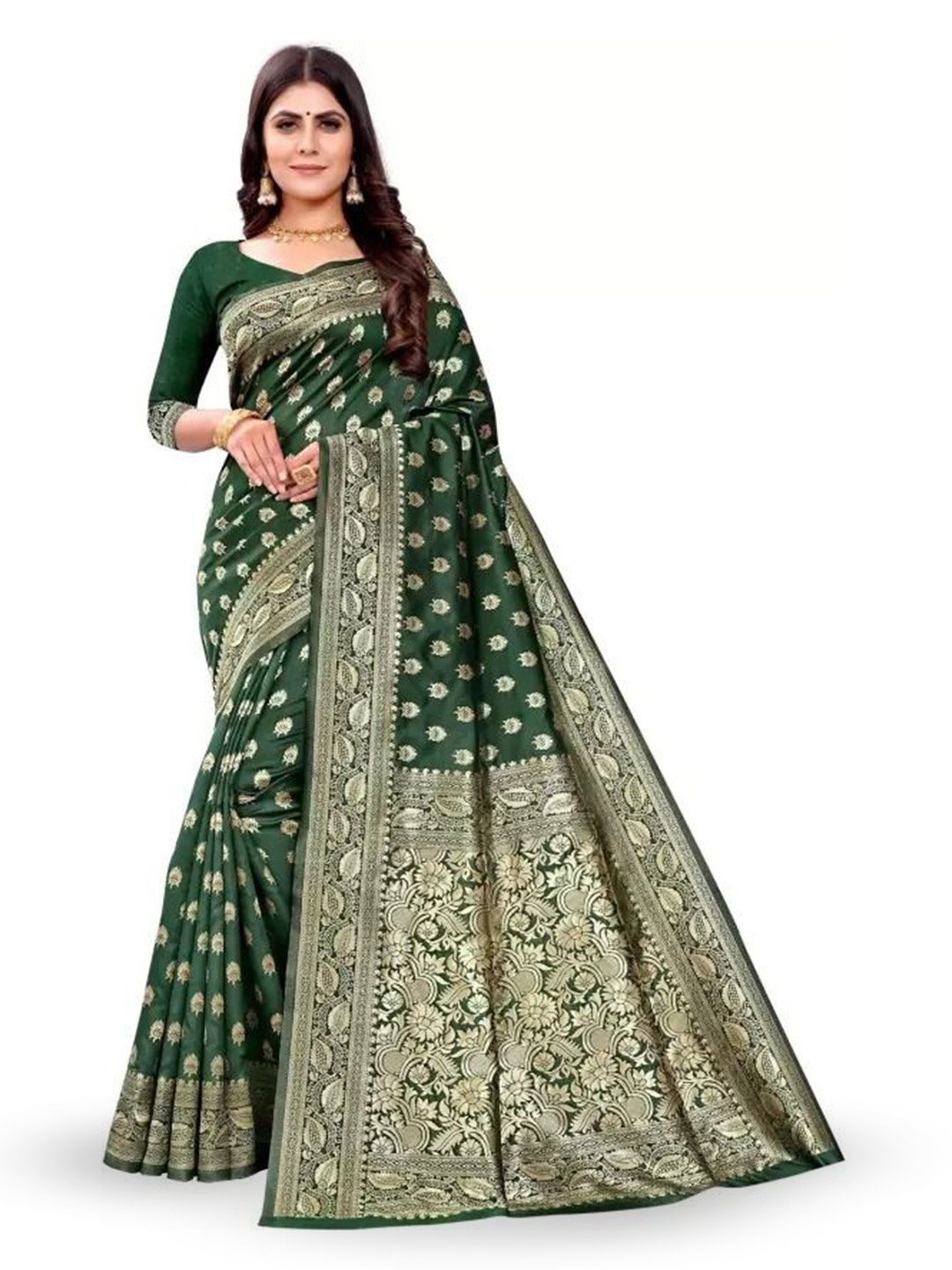 

Florence Woven Design Zari Pure Silk Kanjeevaram Saree, Green